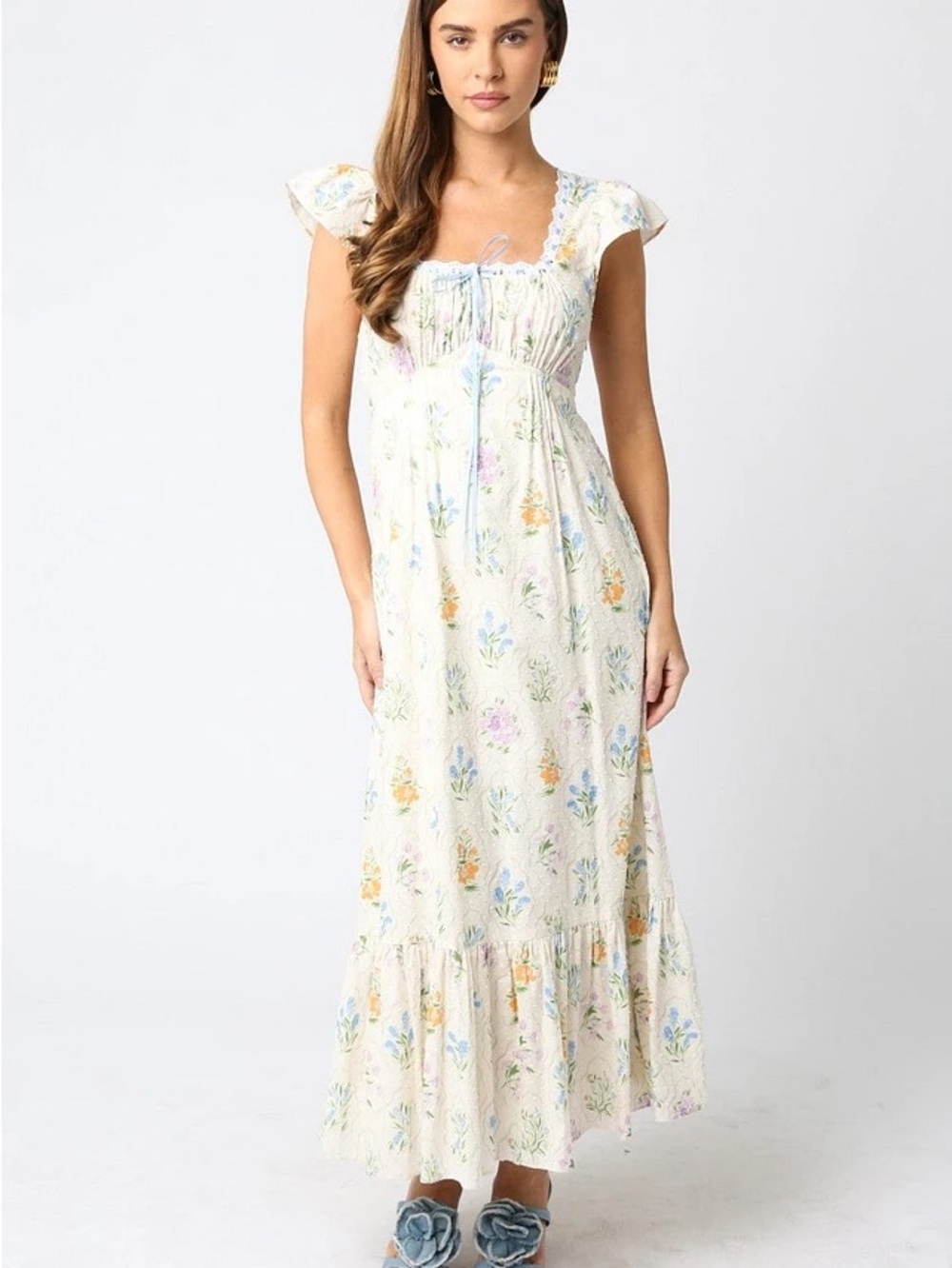 Olivaceous Cream Maxi Dress with Blue, Pink and Orange Floral Print
